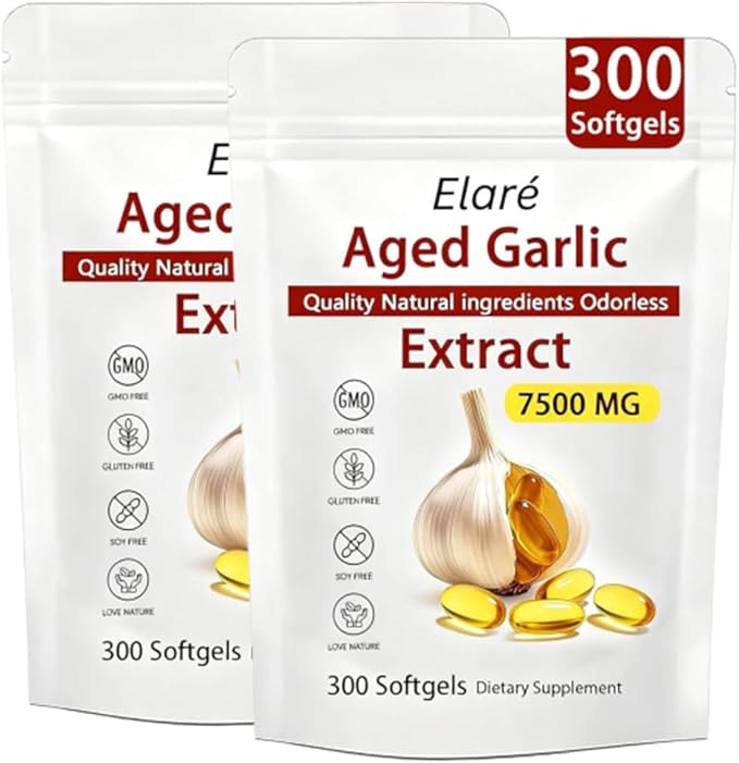 Elare Aged Garlic Extract Capsules 7500mg Odorless - 600 Count Garlic Supplement 2-Year Matured - for Heart &amp Immune Support Non-GMO Gluten-Free
