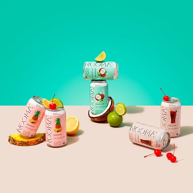 NOOMA - Daily Wellness Soda - Low Calorie &amp Low Sugar Healthy Soda - Organic &amp No Sucralose or Aspartame - Supports Muscle Recovery &amp Immune System - Vegan - Variety Pack - 12 Pack (12oz e
