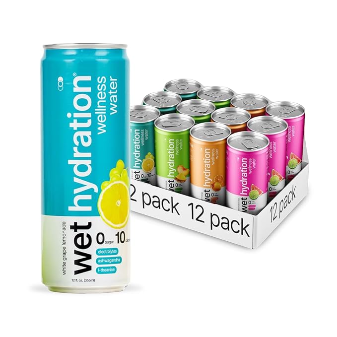 Wet Hydration Zero Calorie Functional Wellness Water - 4 Flavors Variety Pack (12 Ounce Cans Pack of 12) - Flavored Water Hydration Drink No Sugar No Artificial Ingredients Zero Calories (Packa