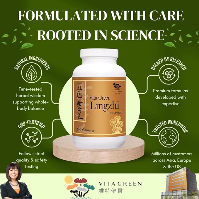 Vita Green Lingzhi Mushroom Supplement (五色靈芝) – Pure Reishi with Natural Antioxidants for Wellness Energy and Immune Support for Men &amp Women – 240 Capsules