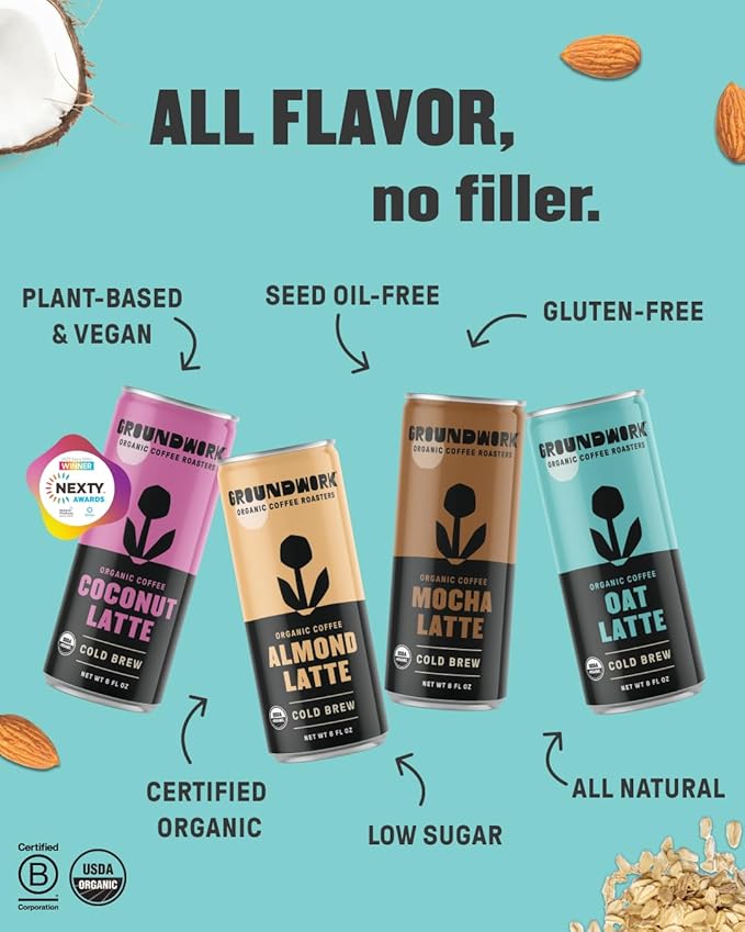 Groundwork Organic Coffee - Coconut Cold Brew Latte - 8 Fl Oz Cans (12 Pack)