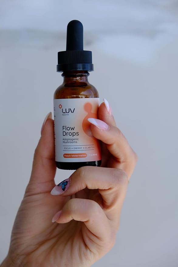 LUV health Flow Drops® – Energy Supplement for Focus Mental Clarity &amp Immune Support - Adaptogenic Mushrooms with Lion’s Mane Cordyceps Reishi Chaga &amp Turkey Tail – Vegan Made in USA 60 S