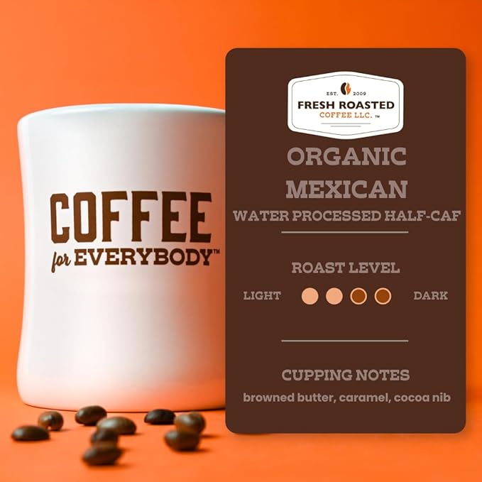 Fresh Roasted Coffee Organic Mexican Water-Processed Half-caf | USDA Kosher | Medium Roast 2 lb (32 oz) Whole Bean