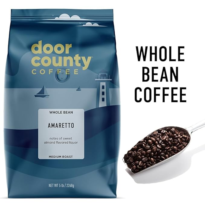 Door County Coffee Amaretto Flavored Coffee Whole Bean - 5lb Bag - Medium Roast - 100% Specialty Arabica - Gourmet - Sweet Almond Liquor Flavored