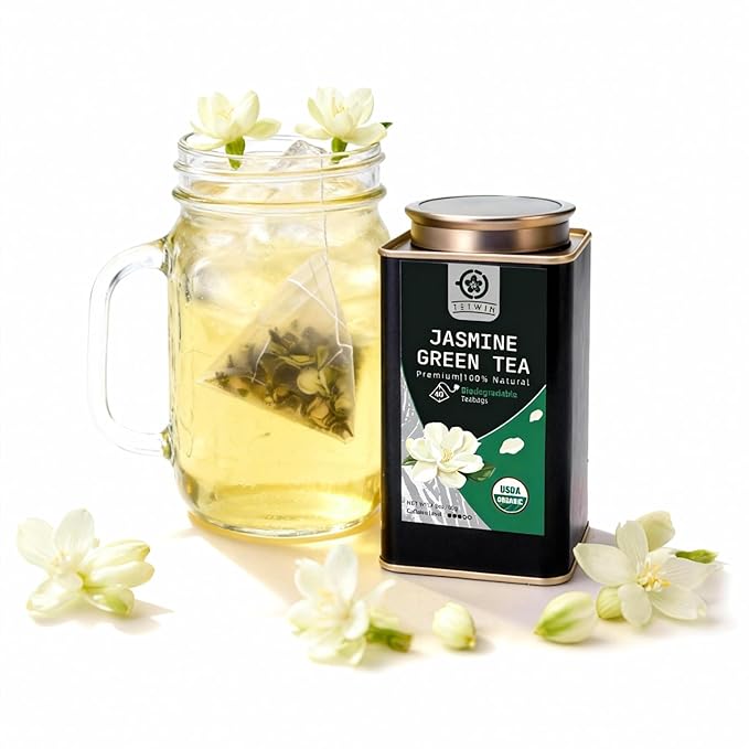 TETWIN Jasmine Green Tea Bags 40ct Resealable Tin – Organic Loose Leaf Tea Scented with Fresh Jasmine Flowers USDA Organic Full Leave Teabags Light Caffeine Naturally Aromatic