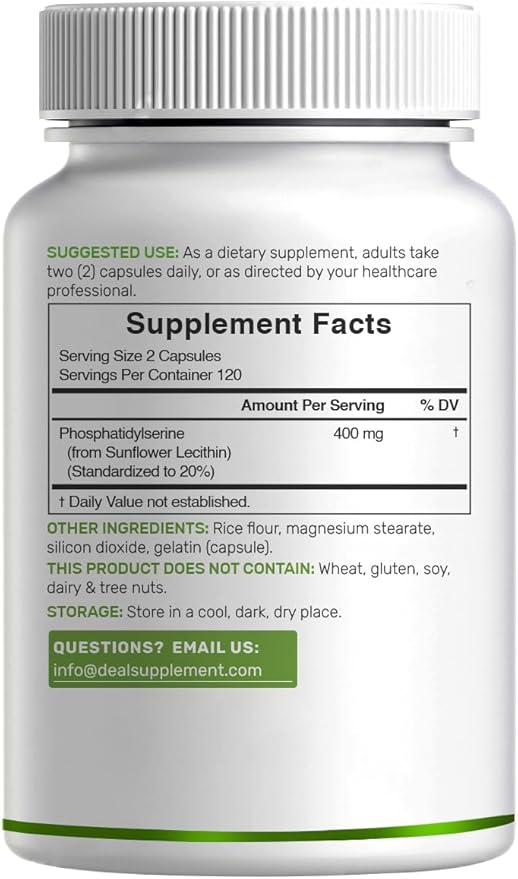 Phosphatidylserine Supplement 400mg Serving 240 Capsules – Soy Free Sunflower Lecithin Source
