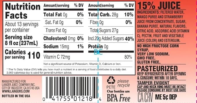Langers Mango Strawberry Banana Juice Cocktail 101.4z (Pack of 4)