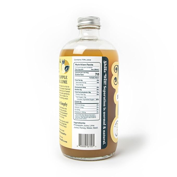 Mixly Pineapple Basil Lime Mixer Made with Fresh Squeezed Juice Ready to Drink Use with Vodka Rum Soda Water 16 oz.