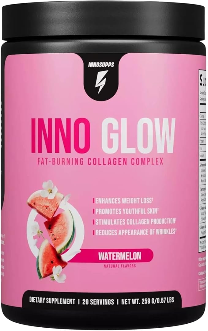 InnoSupps InnoGlow Multi Collagen Peptides Powder for Weight Loss - Thermogenic Fat Burner and Anti Aging Collagen Powder for Women - Hair Skin Nails Joint Support - 20 Servings (Watermelon)