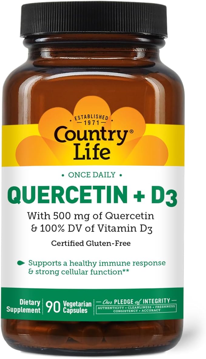 Country Life Quercetin 500mg Capsules with Vitamin D3 800 IU – Immune Support Supplement for Adults – Daily Immune Boosters – Quercetin Immune System Boost 90 Capsules