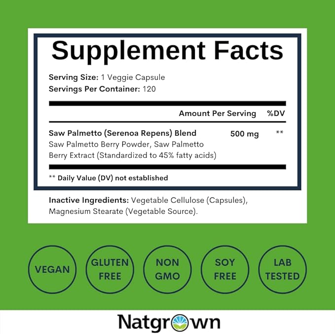 Natgrown Saw Palmetto for Men 500mg – Prostate Health Supplement with DHT Blocker for Hair Loss &amp Urinary Flow – 120 Vegan Capsules – Non-GMO Gluten-Free