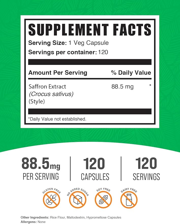 BulkSupplements.com Saffron Extract Capsules - Saffron Supplements Saffron Extract 88.5mg - Vegan &amp Gluten Free - 1 Capsule per Serving 120 Veg Capsules (Pack of 1)