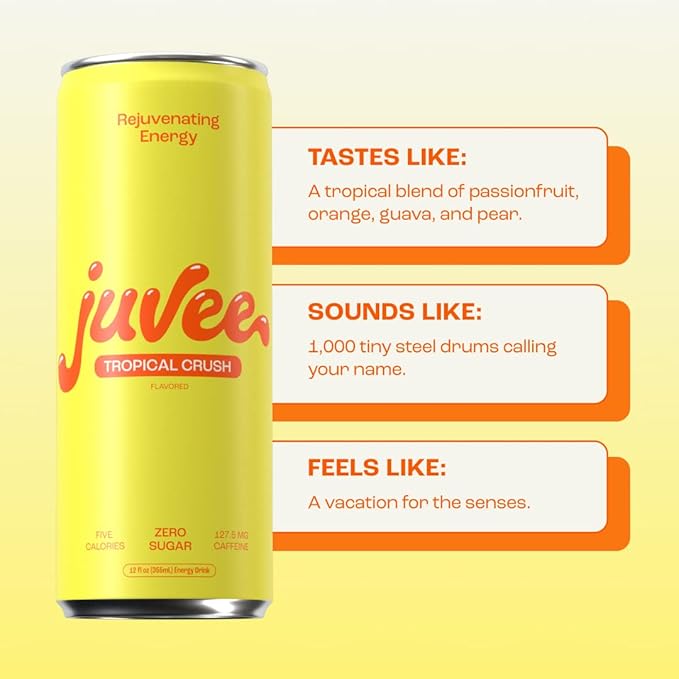 Juvee Rejuvenating Energy Drink – Sugar Free Tropical Crush Flavor 12 oz Cans (12-Pack) – 128mg Natural Caffeine Zero Sugar Low Calorie Clean Energy &amp Mental Focus Support