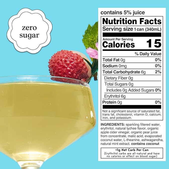 Moment Mocktails Non Alcoholic Drinks (Shark Tank) | SPARKLING Lychee Mojito Adaptogen Drink | L-Theanine &amp Ashwagandha for Calm &amp Clarity | 0 Added Sugar 0 Caffeine | 12-pack