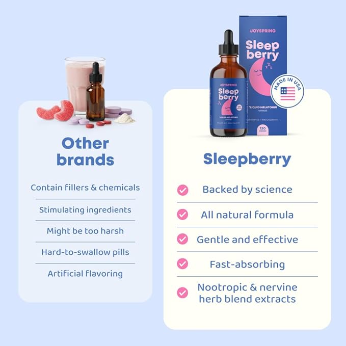 JoySpring SleepBerry - Kids Melatonin Liquid - 3MG Melatonin with D3 and Elderberry - Sugar-Free Liquid for Kids &amp Teens – Gentle Natural Sleep Support Formula (4 fl oz) (Pack of 2)