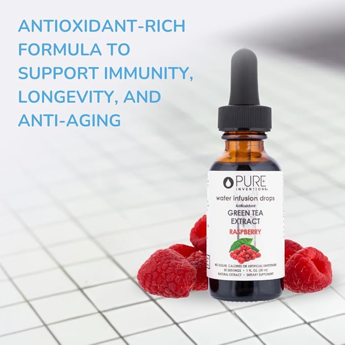 Pure Inventions - Water Infusion Drops - Daily Immunity Support Rich in Antioxidants Electrolytes - No Sugar Calories or Artificial Sweeteners - Green Tea Raspberry 30 serv.