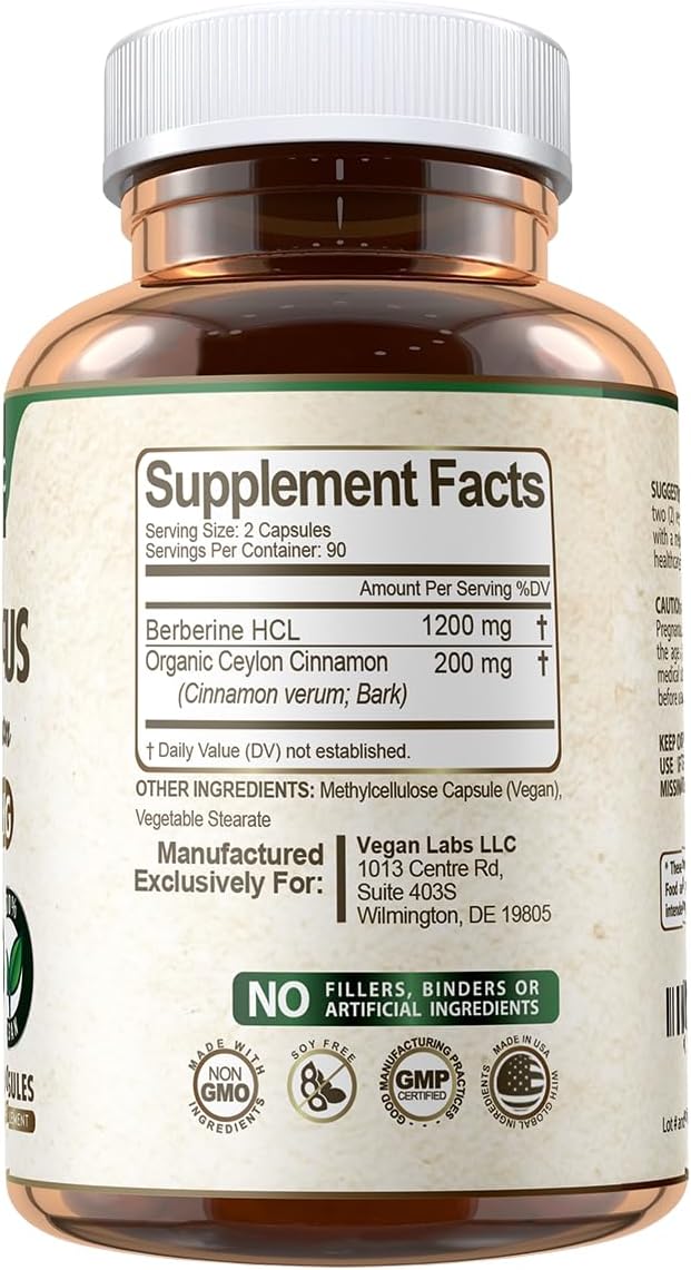 Vegan Labs Berberine HCL 1200MG with Organic Ceylon Cinnamon- 180 Vegan Capsules- Supports Overall Health and Immune System