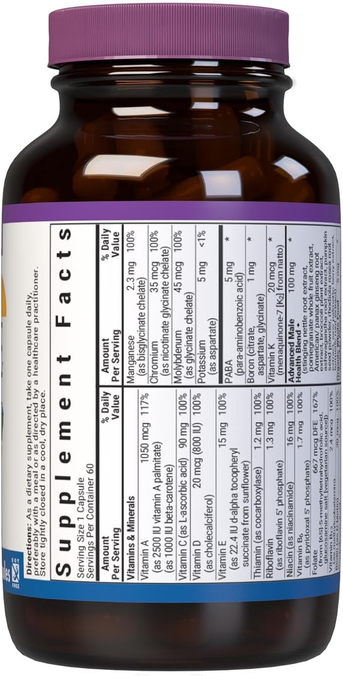 Bluebonnet Nutrition One for Men Whole Food-Based Multiple Daily Nutrition* Non-GMO Vegetarian Friendly Kosher Gluten-Free Soy-Free Dairy-Free Iron Free 60 Vegetable Capsules 60 Servings