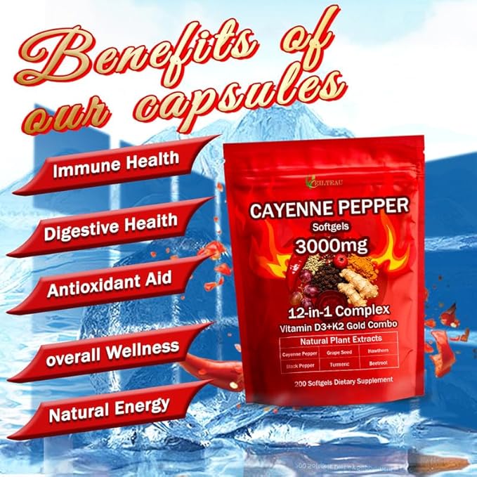AuriLabs Cayenne Pepper Softgels Supplement Supports Leg Vein Heart and Blood Vessel Health with Vitamin E D3+K2 and Extracts of Grape Seed Hawthorn Beetroot and Others (1)