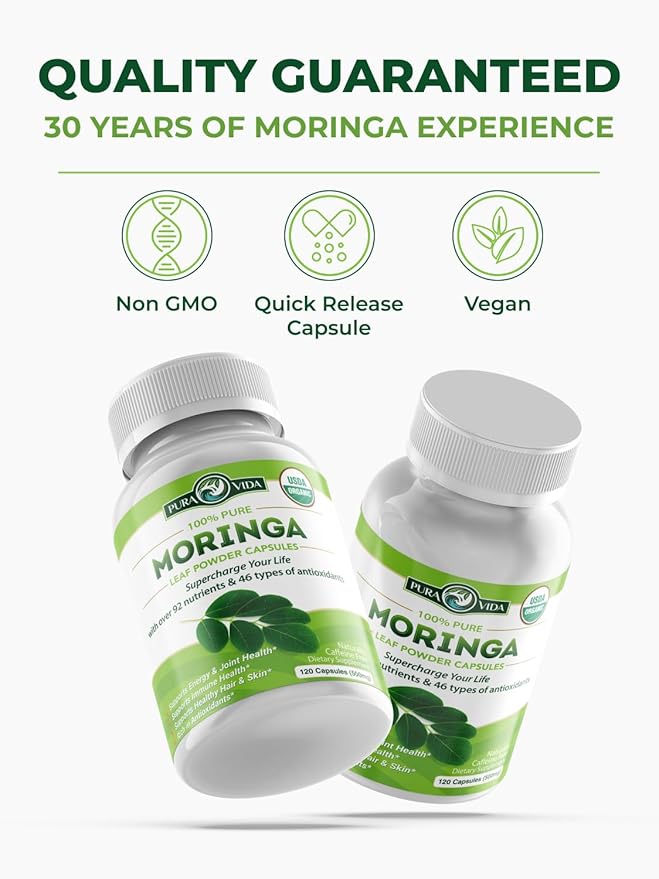 PURA VIDA MORINGA Organic Moringa Capsules Single Origin Moringa Powder Organic. Pure Moringa Leaf. Energy Metabolism &amp Immune Support. 120ct. 500mg Caps (Pack of 2)