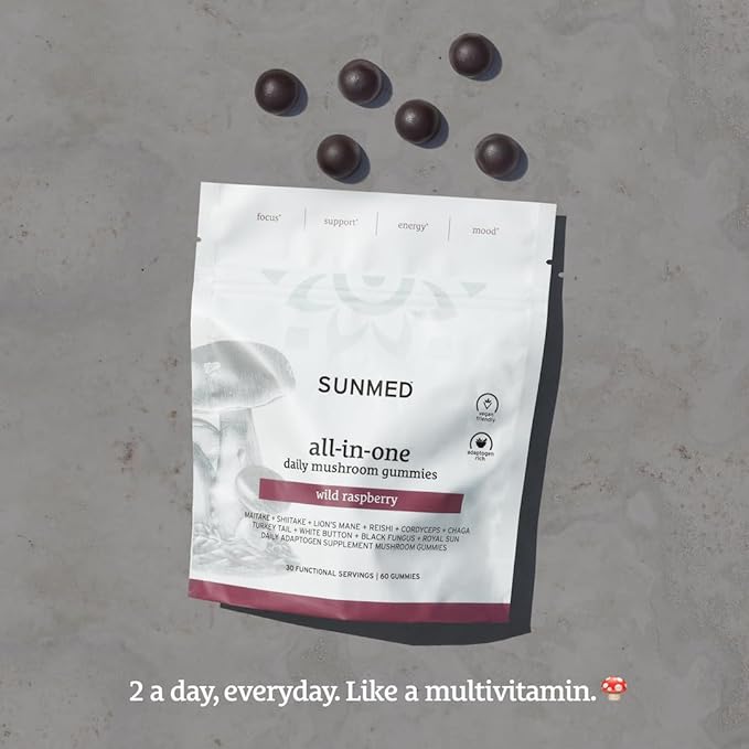 SUNMED All-in-One Mushroom Gummy Supplements for Focus Energy Mood &amp Immune Support – 10 Functional Mushrooms (Lion’s Mane Reishi Cordyceps Chaga) | Wild Raspberry Flavor 60ct