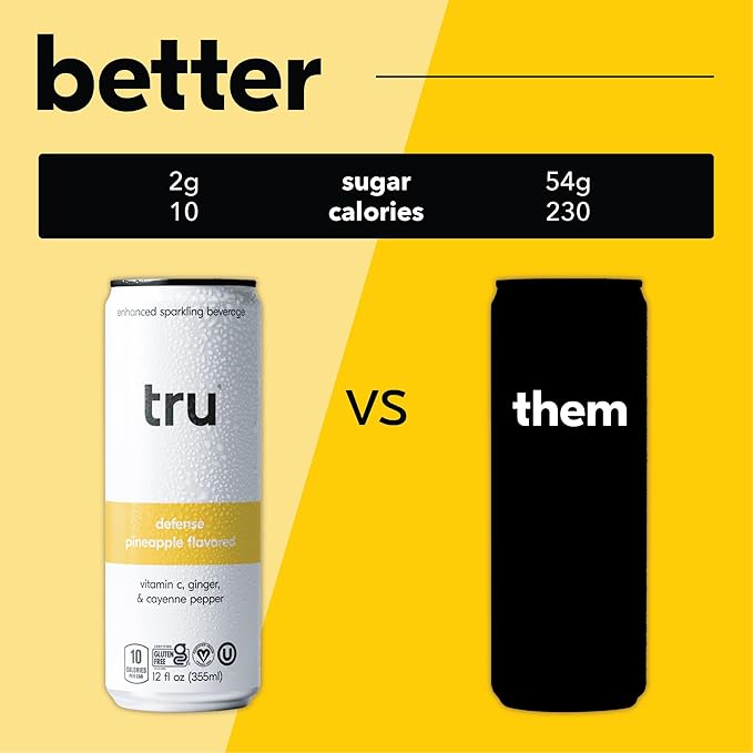 Tru Defense Seltzer Sparkling Water with Vitamin C Ginger Extract Cayenne Pepper &amp Real Pineapple Juice Sweetened with Monk Fruit &amp Stevia Gluten Free Vegan Caffeine Free 12 FL OZ Can