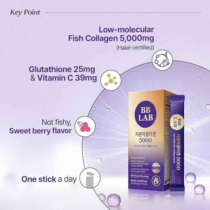 BB LAB Low Molecular Collagen 5000 Powder Type Korean Marine Collagen Fish Collagen Peptides Hyaluronic Acid Elastin Glutachione Vitamin C Fast Absorb Mix Berry Flavor