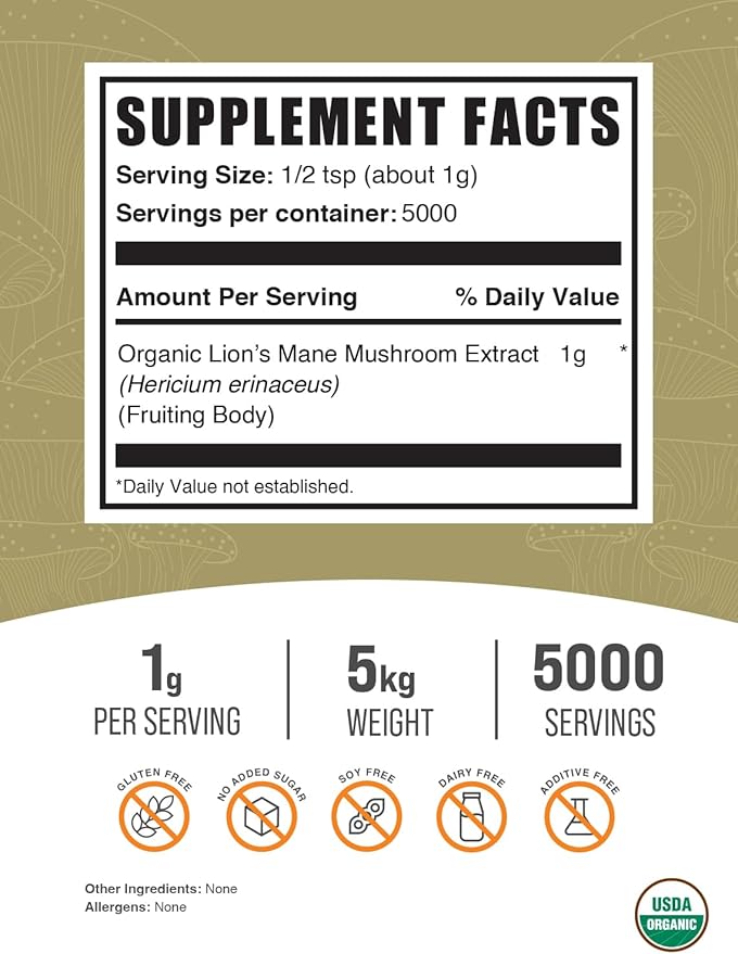 BulkSupplements.com Organic Lion's Mane Mushroom Extract Powder - Lions Mane Supplement Powder Lion's Mane Extract - Mushroom Supplement 1000mg per Serving 5kg (11 lbs) (Pack of 5)