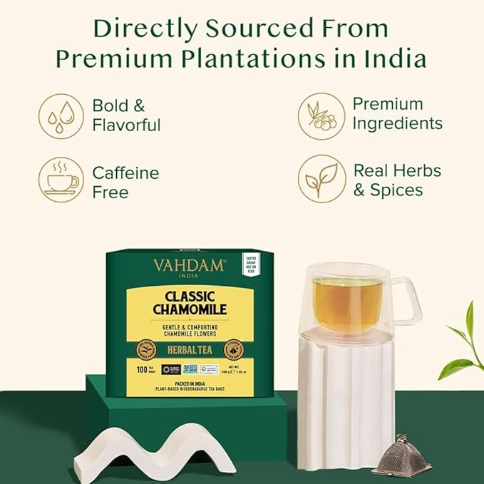 VAHDAM Chamomile Herbal Tea (100 Pyramid Tea Bags) Resealable Ziplock Pouch | Caffeine Free Non GMO Gluten Free | 100% Pure Tisane - Sweet &amp Floral | Made With Natural Chamomile Flowers