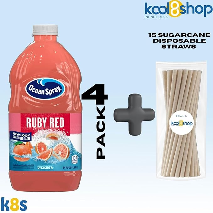 Ocean Spray Ruby Red Juice Drink 64 fl oz Plastic Bottle 4 Pack + 15 Sugarcane Disposable Straws by KOOL8SHOP Infinite Deals