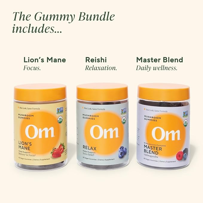 OM MUSHROOM SUPERFOOD Mushroom Gummies Variety Pack – Lion’s Mane Focus Reishi Relax &amp Master Blend Multivitamin – Supports Brain Mood Immune &amp Overall Wellness – 3 Pack 40 Count Each.