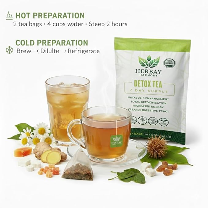 Herbay Harmony Organic Detox Tea – Caffeine-Free Herbal Cleanse for Bloating Relief Digestive Tea &amp Natural Body Detox Organic Herbal Blend with Ginger Chamomile &amp Papaya - 12 Pack (12 Week