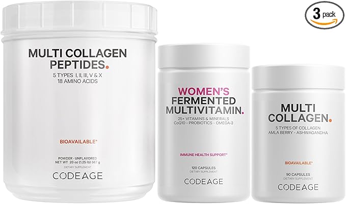 Codeage Multi Collagen Protein Capsules &amp Powder Peptides + Women’s Daily Multivitamin Bundle 25+ Multivitamins &amp Minerals Omega-3 Enzymes Probiotics Vitamin C Zinc Biotin Non-GMO Supp