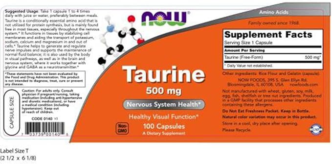 NOW Taurine 500mg 100 Capsules (Pack of 3)