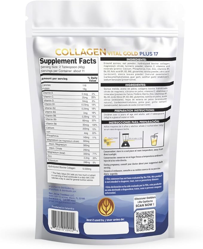 Vital Life Collagen Peptides Powder - Hydrolyzed Collagen with +17 Super Ingredients 1 lb Vanilla Flavor Supplement for Healthy Hair Skin Nails Bones Joints Collagen for Women &amp Men.