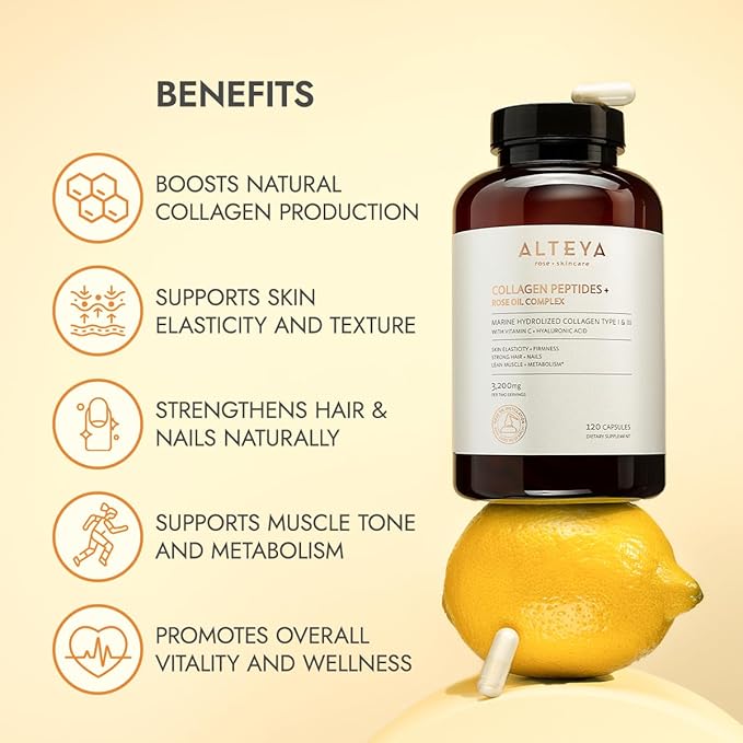 Alteya Organics Collagen Peptides &amp Rose Oil Complex – Beauty Supplement with 3200mg Marine Hydrolyzed Collagen Type I &amp III Vitamin C &amp Hyaluronic Acid – Skin Hair Nail &amp Joint Sup