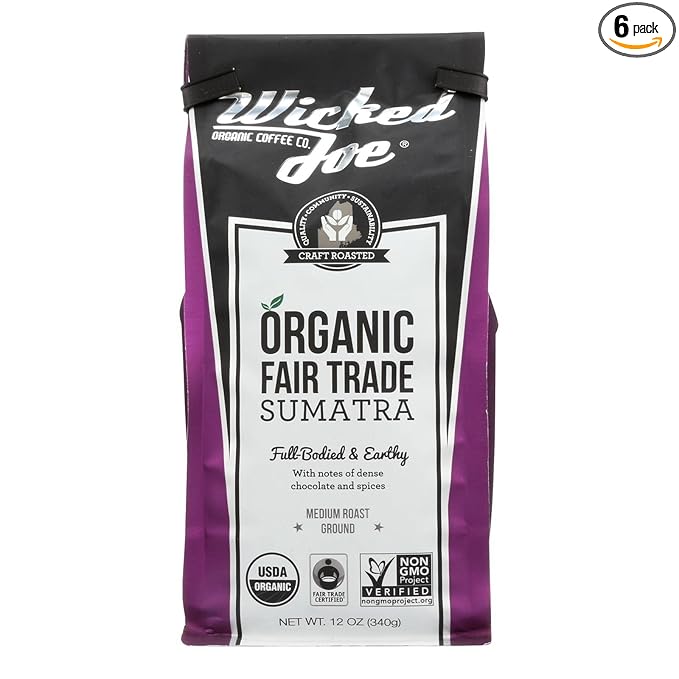 Wicked Joe Coffee Organic Whole Bean Coffee Sumatra 12.0 OZ (Pack of 6)