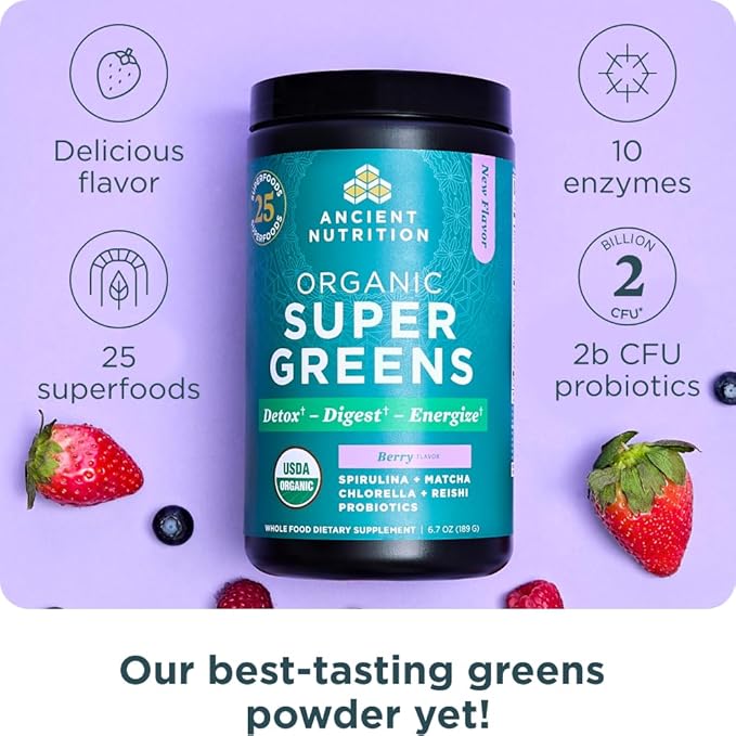 Ancient Nutrition SuperGreens Powder with Probiotics Organic Berry Flavor Greens Made from Real Fruits Vegetables and Herbs Digestive and Energy Support 25 Servings 6.7oz