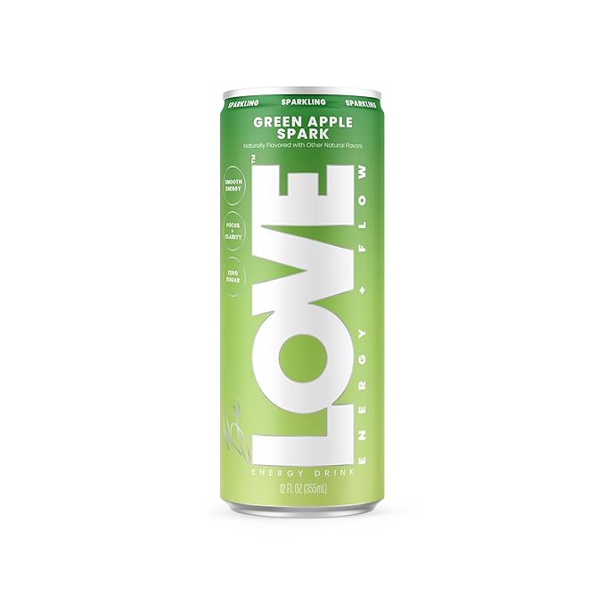 Be LOVE Energy + Flow – 80mg Natural Caffeine L-Theanine &amp Alpha-GPC for Clean Calm Focus – Zero Sugar Low Calorie 100% DV B-Vitamins – Non-GMO Vegan – 12 fl oz (Pack of 12) (Green Apple Spark