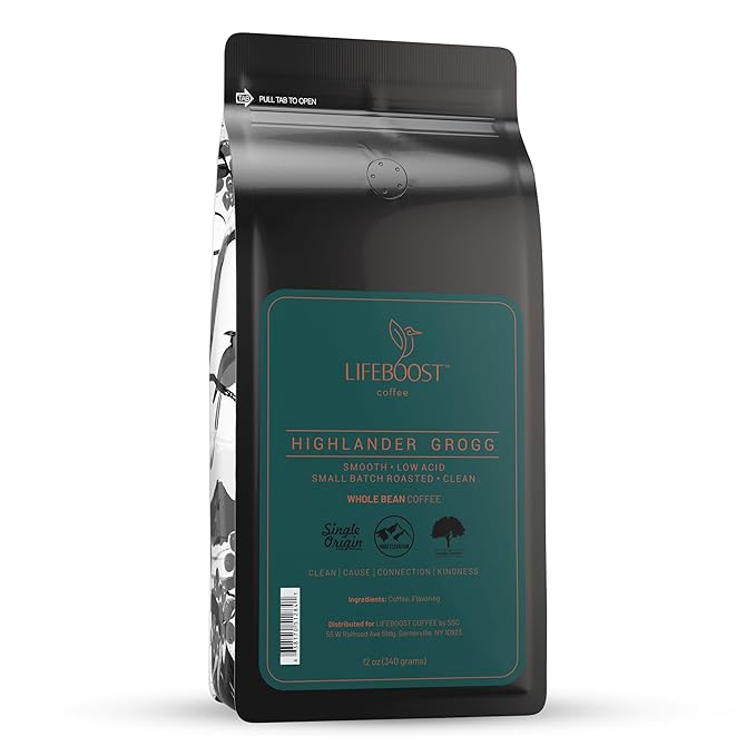 Lifeboost Highlander Grogg Whole Bean Coffee - Non-GMO Low Acid Single Origin Flavored Coffee Beans - Third Party Tested For Mycotoxins &amp Pesticides - 12 Ounces