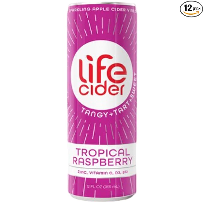 Life Cider | 12 Pack (12 Fl Oz) | Tropical Raspberry | Sparkling Apple Cider Vinegar Beverage | Digestive Health &amp Immunity Benefits | Low Calorie &amp Low Carb Drinks | Vitamins C D3 Zinc B12