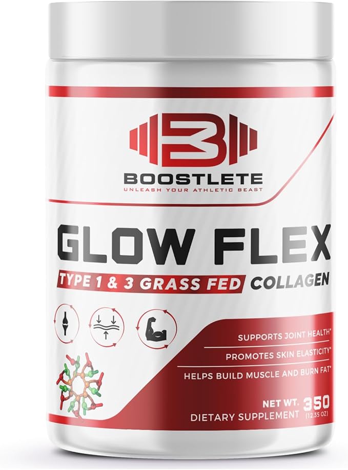 GlowFlex Grass-Fed Collagen Peptides Powder - Type I &amp III Collagen Supports Skin Hair Nails Joints &amp Overall Wellness - Non-GMO Unflavored - Made in USA (30 Servings)