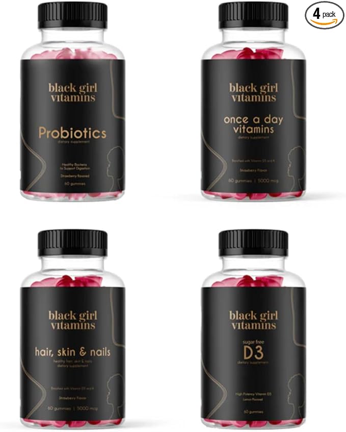 Black Girl Vitamins Complete Wellness Essentials - 30-Day Bundle with D3 Gummies Probiotics Hair-Skin-Nails + Sea Moss - 8 Key Nutrients for Immune Skin &amp Energy Support