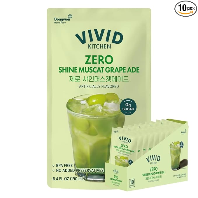 VIVID KITCHEN Korean Grape Ade – Shine Muscat Flavor – Zero Sugar Zero Calories – 6.4 fl oz (10 Pouches) – No Preservatives or Corn Syrup – Natural Korean Drink for Hydration &amp Refreshment