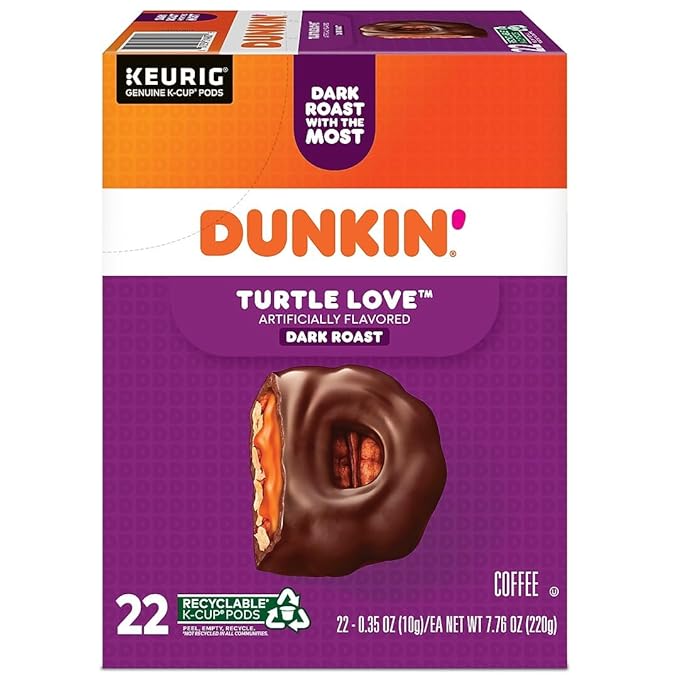 Dunkin' Turtle Love Dark Roast K-Cup Pods 22 Count Caramel Pecan Chocolate Flavor Caffeinated Kosher