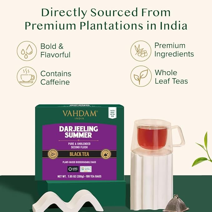 VAHDAM Darjeeling Black Tea Bags (100 Count) High Caffeine Non GMO Gluten Free | Smooth &amp Sweet Tea With Distinguished Fruity Notes | Full Bodied