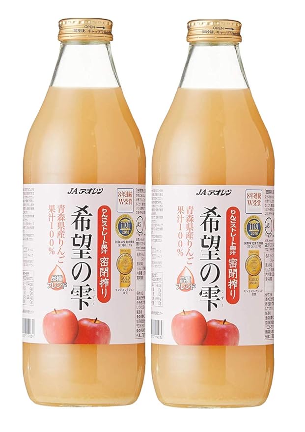 Kibou no Shizuku - Droplets of Hope Premium Aomori Apple Juice 100% Pure Variety Blend No Preservatives Monde Selection Gold Medal Winner - 1000ml (33.8 fl oz)　(pack of 2 bottles)