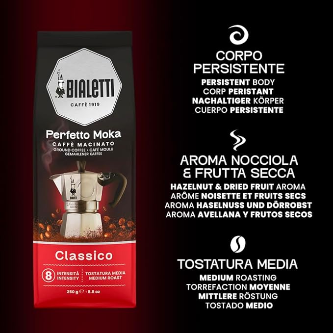 Bialetti - Perfetto Moka Classico: Medium roast ground coffee hazelnut and dried fruit aroma 250g x 6 bag with aroma valve