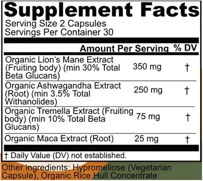 Peak + Valley Nootropic Brain Support Supplement for Memory &amp Focus with Lion's Mane Mushroom &amp Ashwagandha - 60 Ct Adaptogen Capsules - Adults/Seniors - Cognitive Brain Fog Energy Formula