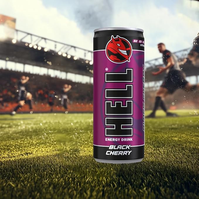 HELL BLACK CHERRY Energy Drink | 32 mg/100 ml Caffeine | Vitamins B3 B5 B6 B12 | No Preservatives | Environmentally Friendly Packaging | 24 x 250ml | Compatible with HELL Energy